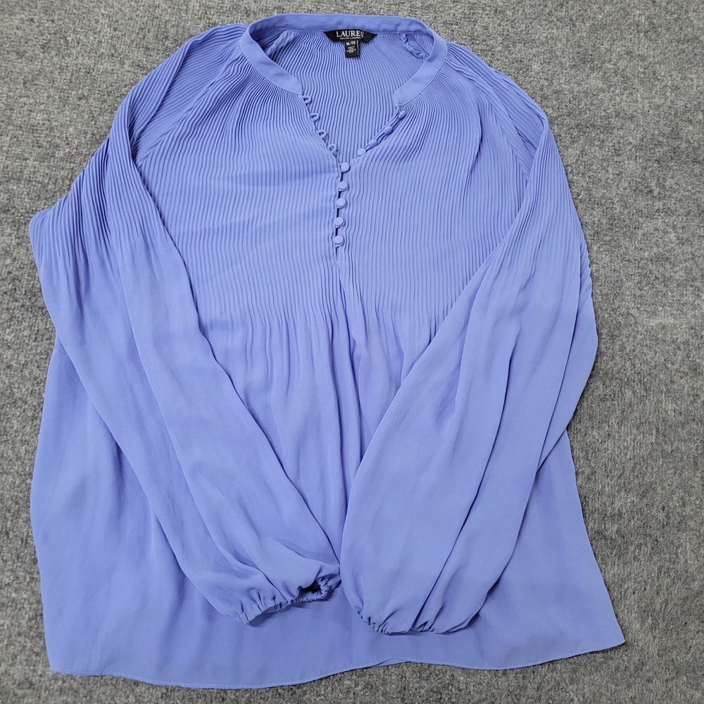 Lauren Ralph Lauren Blouse Womens Size XL Blue Pleated Balloon Sleeve V-Neck Top